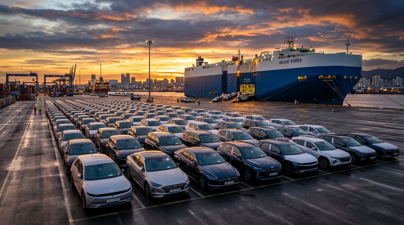 Korean cars and RORO ship at cargo terminal